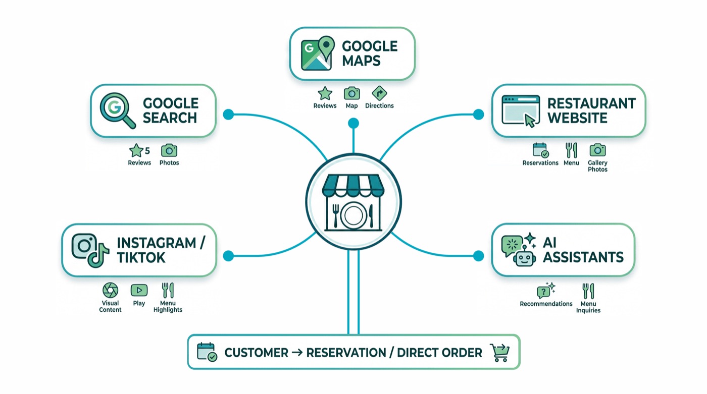 Diagram showing a restaurant’s five discovery channels (Google Maps, Google Search, restaurant website, Instagram/TikTok, and AI assistants), all funnelling customers to a reservation or direct order