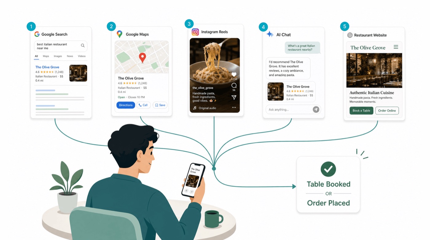 Illustration of a diner discovering a restaurant through five channels (Google Search, Google Maps, Instagram Reels, AI chat, and the restaurant’s website), all leading to a table booked or order placed