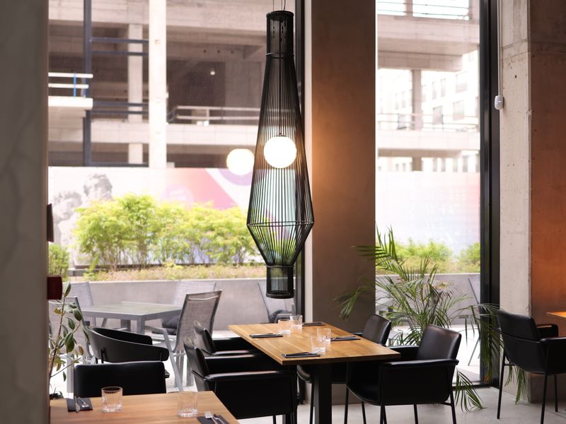 Café interior with large windows